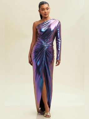 Luxxel Metallic Prom Dress Small One Shoulder Purple Iridescent Gown